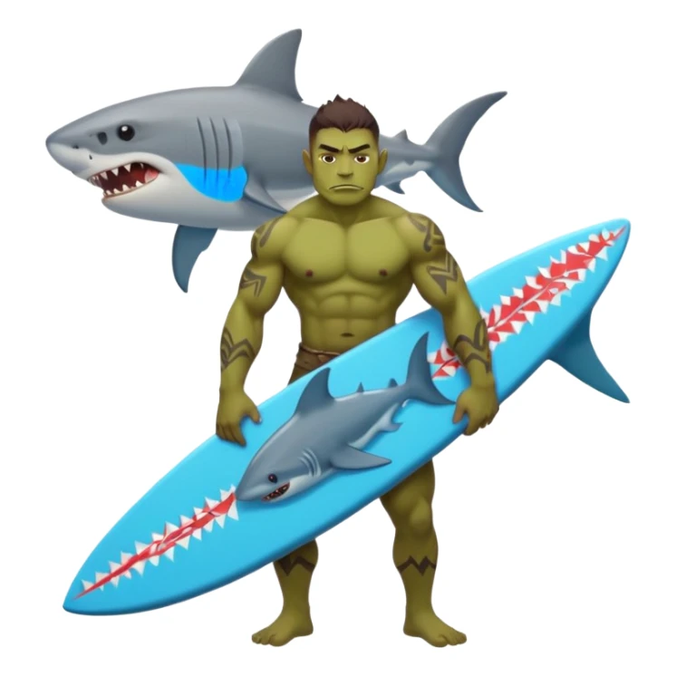 orc male holds a surfboard with a shark painted vertically in his hands sticker