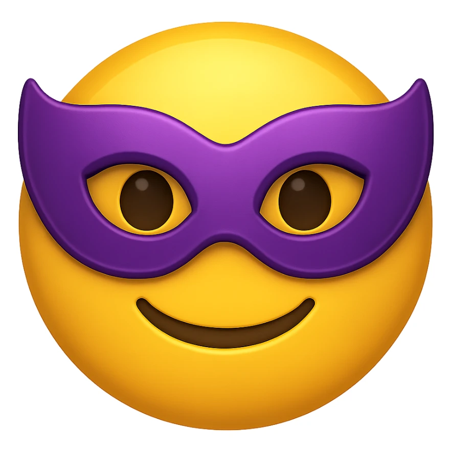 yellow face with purple masquerade mask, digital illustration, emoji style, no background sticker