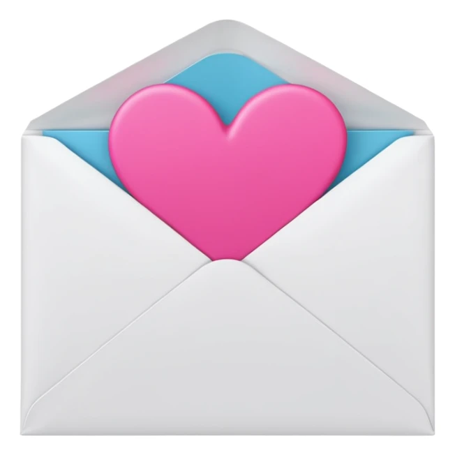 A 3D render of a white letter envelope with a vibrant pink heart sticker, clean background sticker