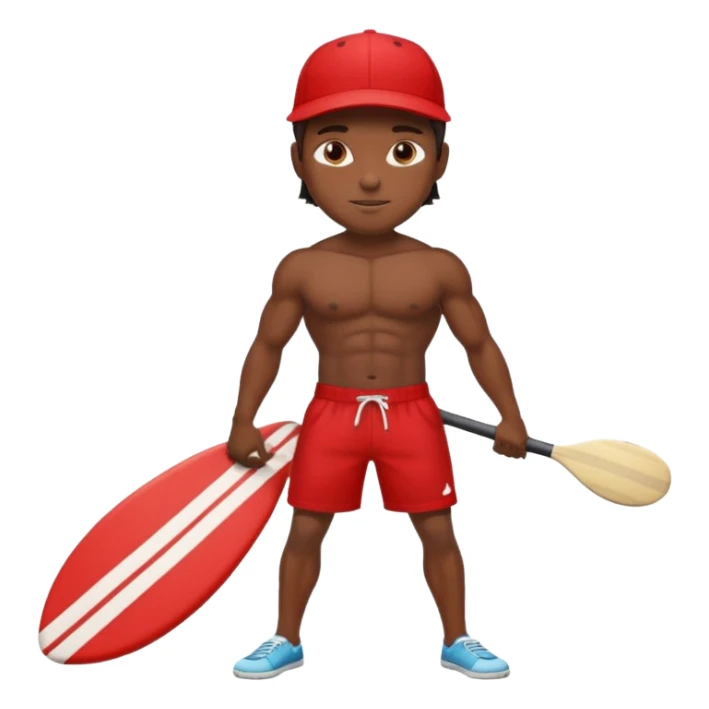 Dark, muscular surfer wearing red shorts and a baseball cap Hawaii sticker