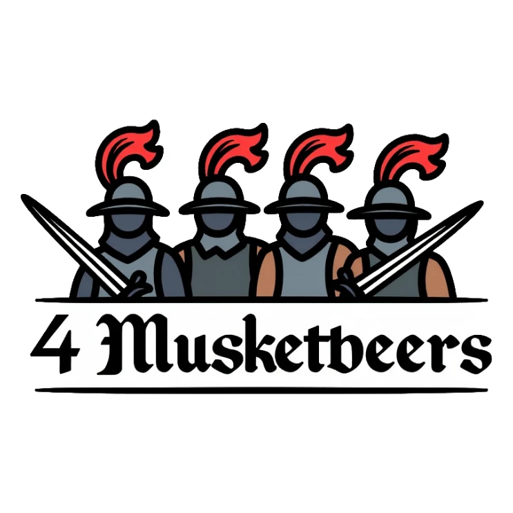 Four musketeers with feathered hats and swords with the text "4 Musketeers" sticker