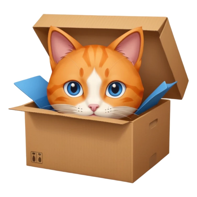 anime character cat that is orange cat, that its body is inside of a simple brown box. cats eyes are blue , but head is showing up from a box, body is inside the box. also cat is inside a lpened box sticker