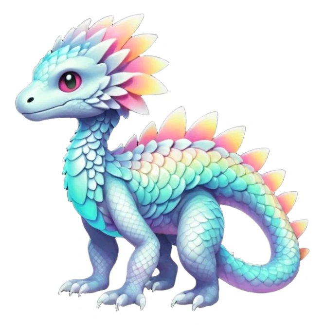 futuristic lush warm-colored iridescent whitish silvery scaley neon-colored Fakémon-Trico-creature (full body) sticker