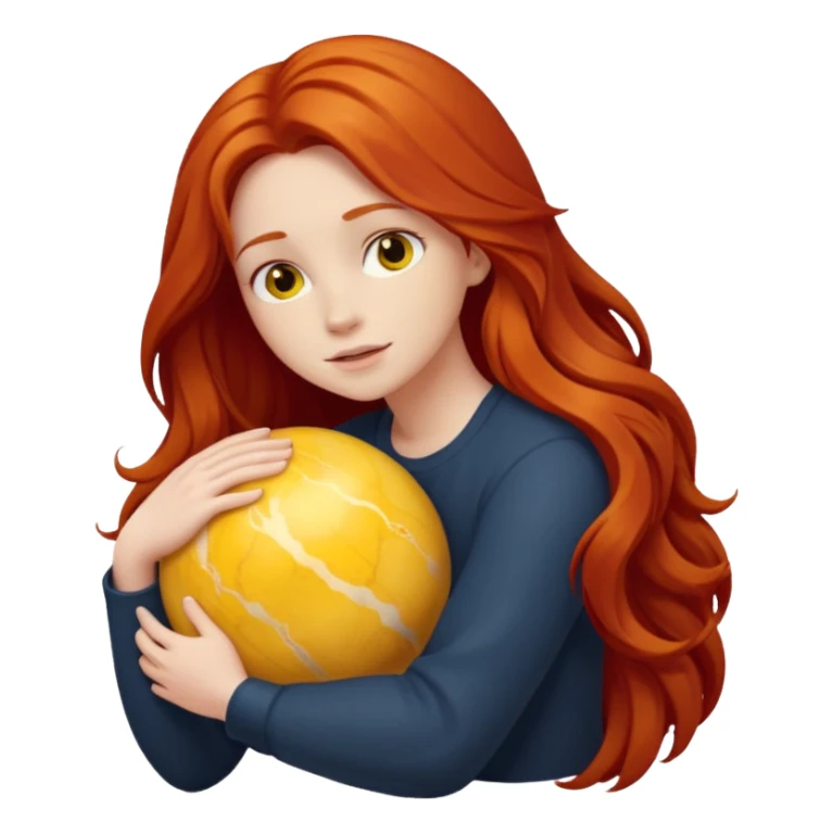 Happy long haired redhead hugging big yellow marble sticker