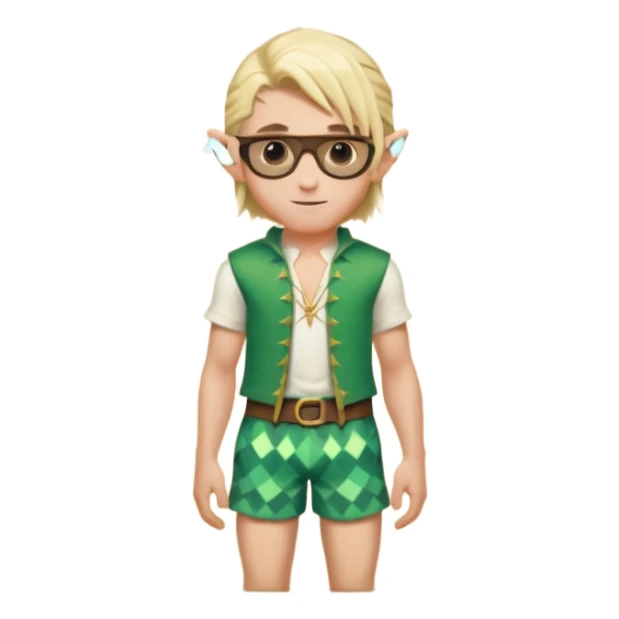 elf male legolas portrait, patterned board shorts (geometric/abstract), unique wooden-framed sunglasses, undercut hairstyle, slight smirk, visible pointy ears, no background, centered emoji, hipster summer vibe sticker