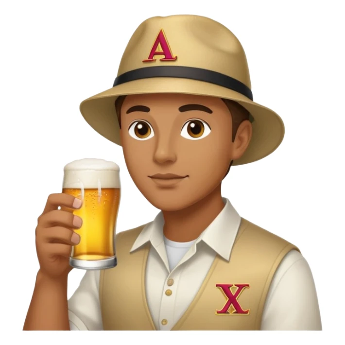 Guy drinking beer and being frat with fitted hat and delta chi letters sticker