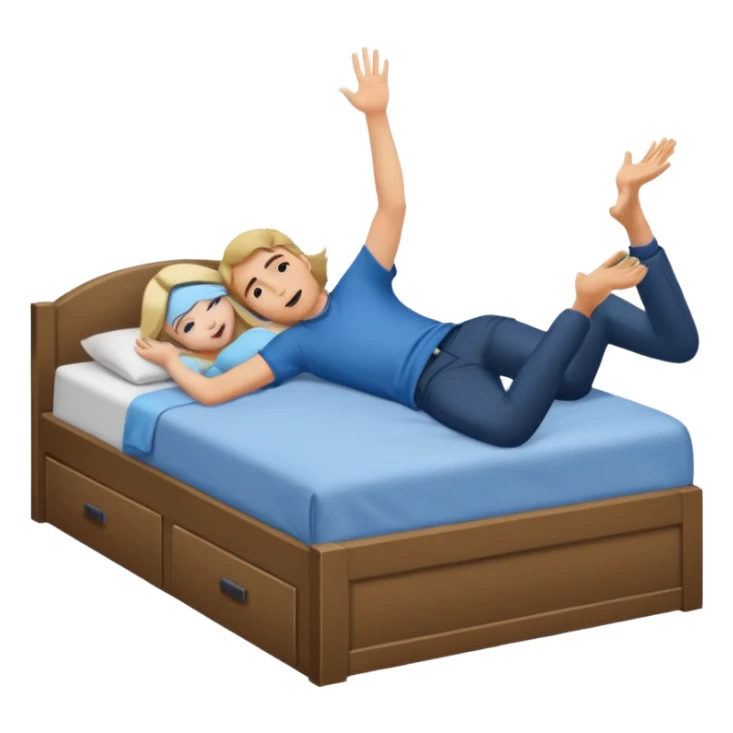 A bed with a girl laying down south and a man putting his hand up. sticker