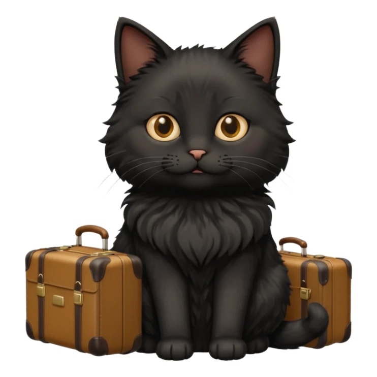 Black fluffy cat with suitcase in sunny place sticker