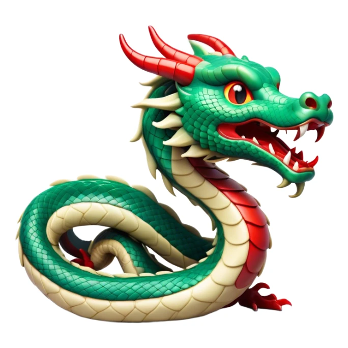 Cinematic Comical Chinese Serpent Dragon Portrait Emoji, Head tilted dramatically with an exaggeratedly amused expression, featuring a sleek, serpentine form adorned in luminous jade and vermilion scales interlaced with playful cloud and water accents; rendered with vibrant, lifelike textures and dynamic natural shadows, high shine, playful yet wise, styled with an air of cheeky ancient mystique, soft glowing outline, capturing the essence of a spirited and humorously enigmatic celestial dragon that looks ready to spiral into legendary lore! sticker