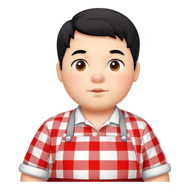 chubby boy with black hair styled upward in front, wearing a red and white checkered plaid apron sticker