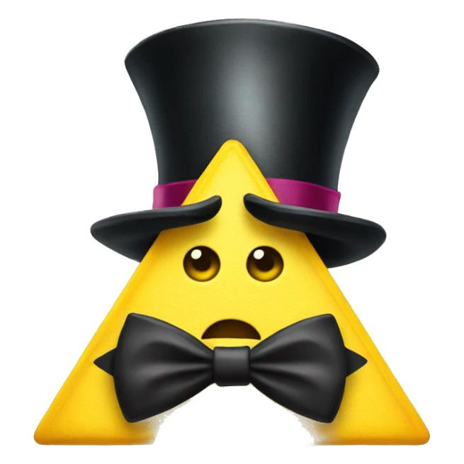 A yellow triangle with one eye, wearing a top hat and a bowtie sticker