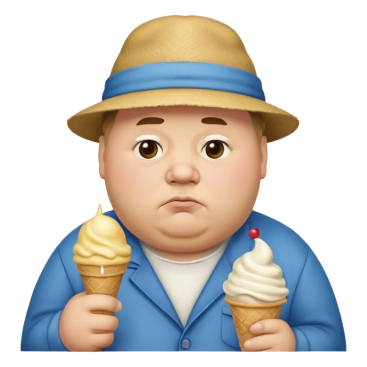 Fat man wearing a hat with sad face holding ice cream sticker