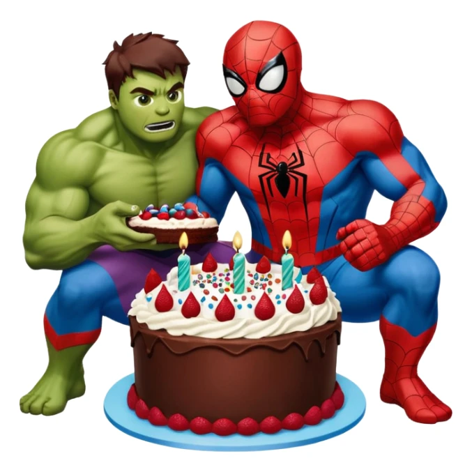 Spider-Man and Hulk eating a birthday cake sticker