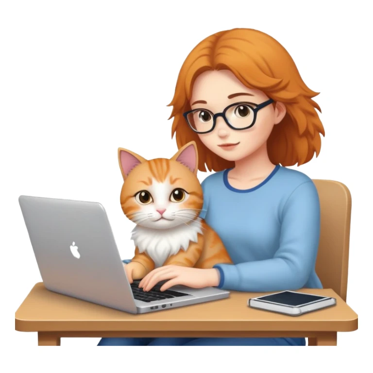 A girl is working hard on a laptop with a cat next to it sticker