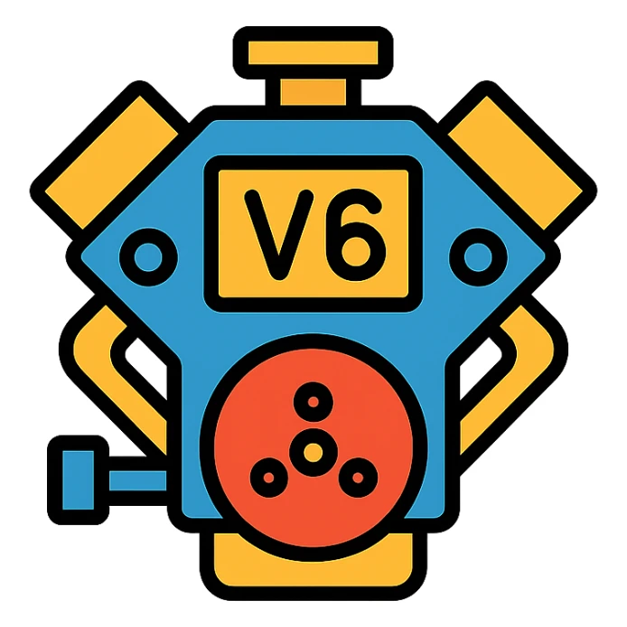 mechanical 6-cylinder engine illustration with 'V6' text, clean and simple, no background, icon style sticker