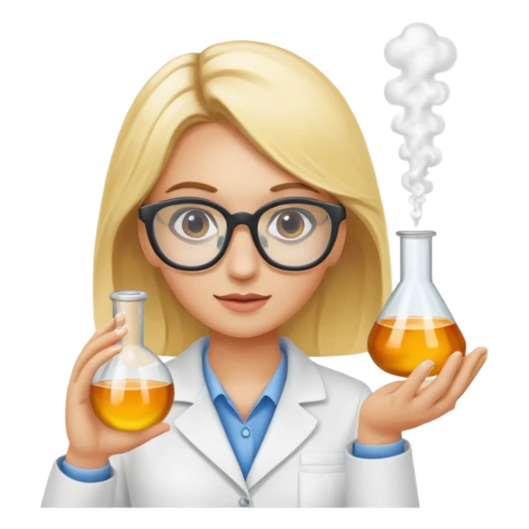Eine hellblonde Chemikerin mit typischem Erlmeyerkoblben in der Hand und Chemiebrille auf sticker