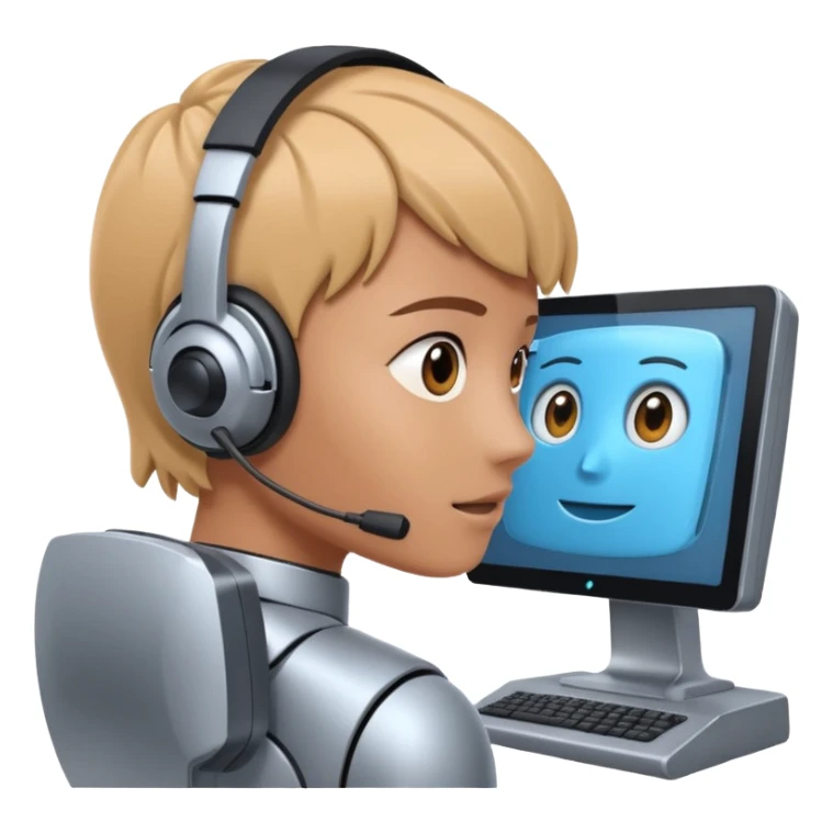 human is using some complicated system, in front of the monitor, asking someting to the monitor by natural language the monitor, ai robot answering in his own language sticker