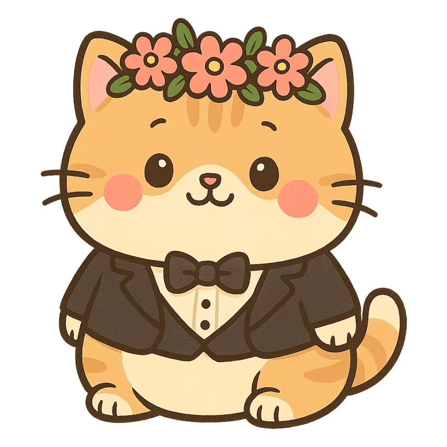 A chubby kitten wearing a tiny tuxedo and a flower crown, in a cute cartoon style sticker