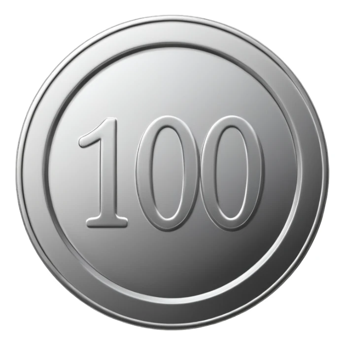 silver coin with the number 100 clearly written on it, all silver color, simple emoji style sticker
