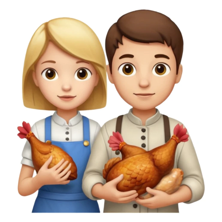 Boy and girl carrying a chicken meat sticker