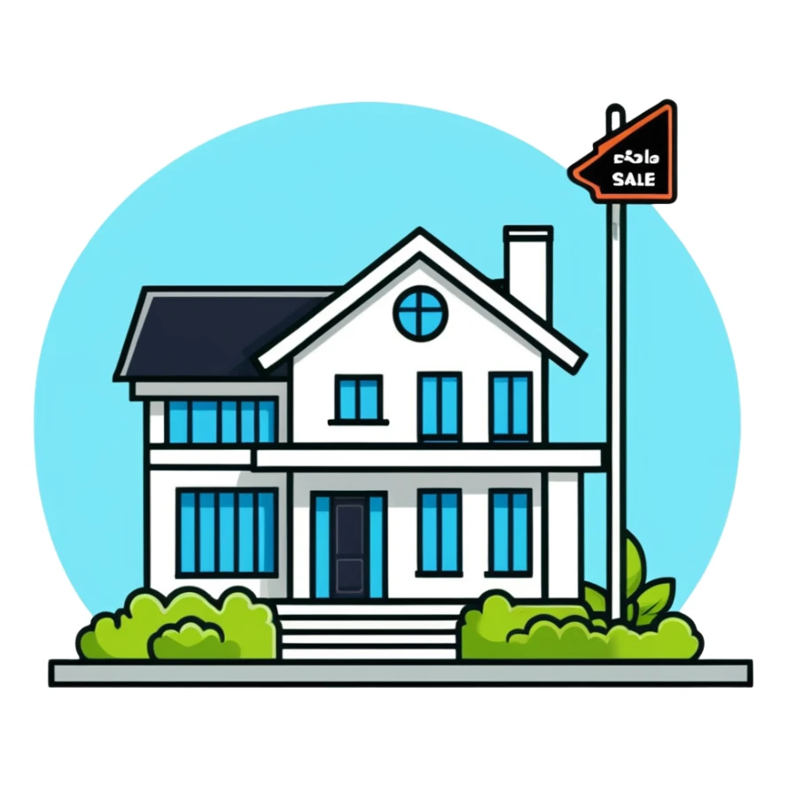 modern house with a for sale sign in front sticker
