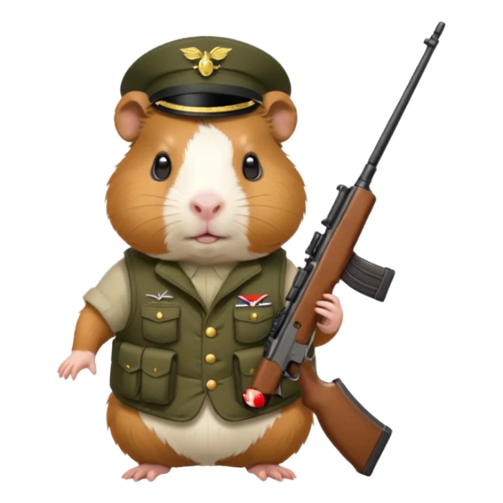 guinea pig dressed in military vest, holding a rifle, no hat sticker