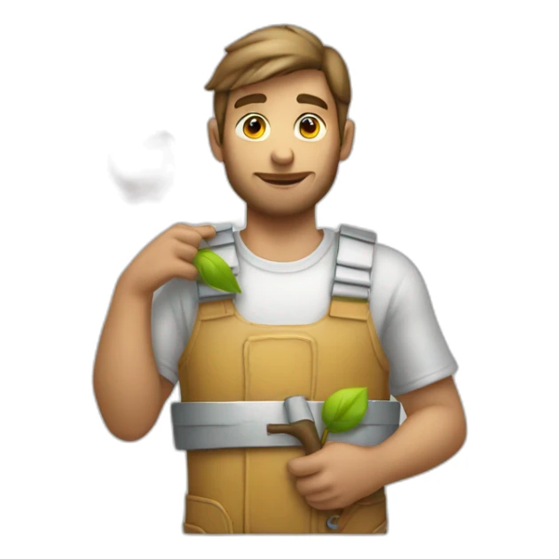 White apple picker with a collecting tank on his chest sticker