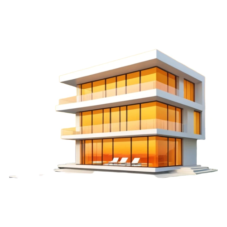 ultra-modern villa, sleek architecture, large windows reflecting a yellow and orange sunset sticker