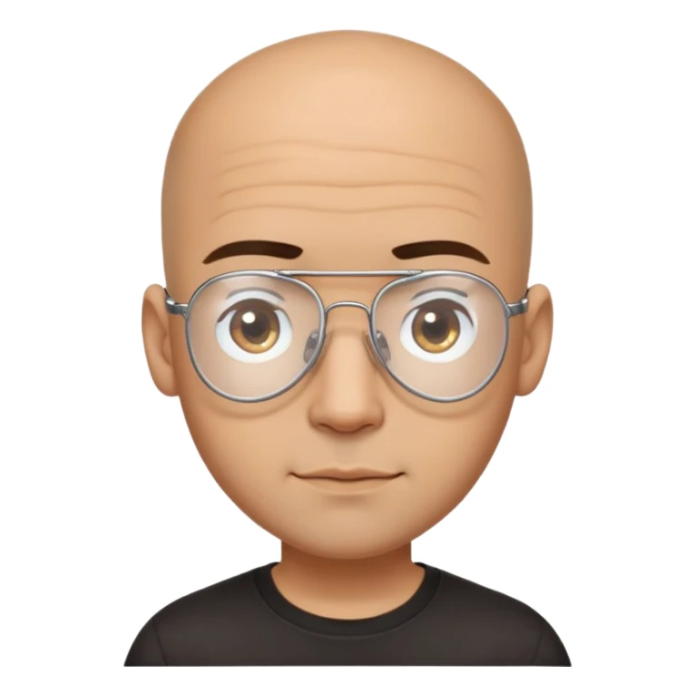 Latino man with small oval face and big forehead, clear lens aviator-style eyeglasses with metal frames, completely bald/shaved sides with very short curly dark hair only on top of head, neutral-friendly expression, light brown skin, wearing a black t-shirt sticker