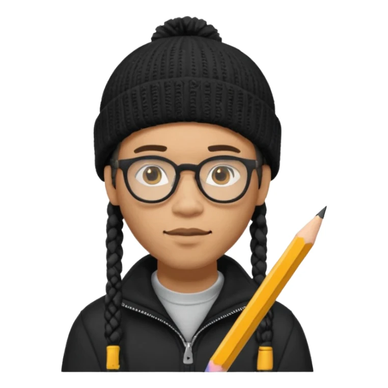 A creative young man with a pencil, glasses and a beanie. He holds a pen in his hand. He has dreadlocks, a slight moustache and bit of a beard. He's a lightskin blAsian man. He wears a black quarterzip jumper. sticker