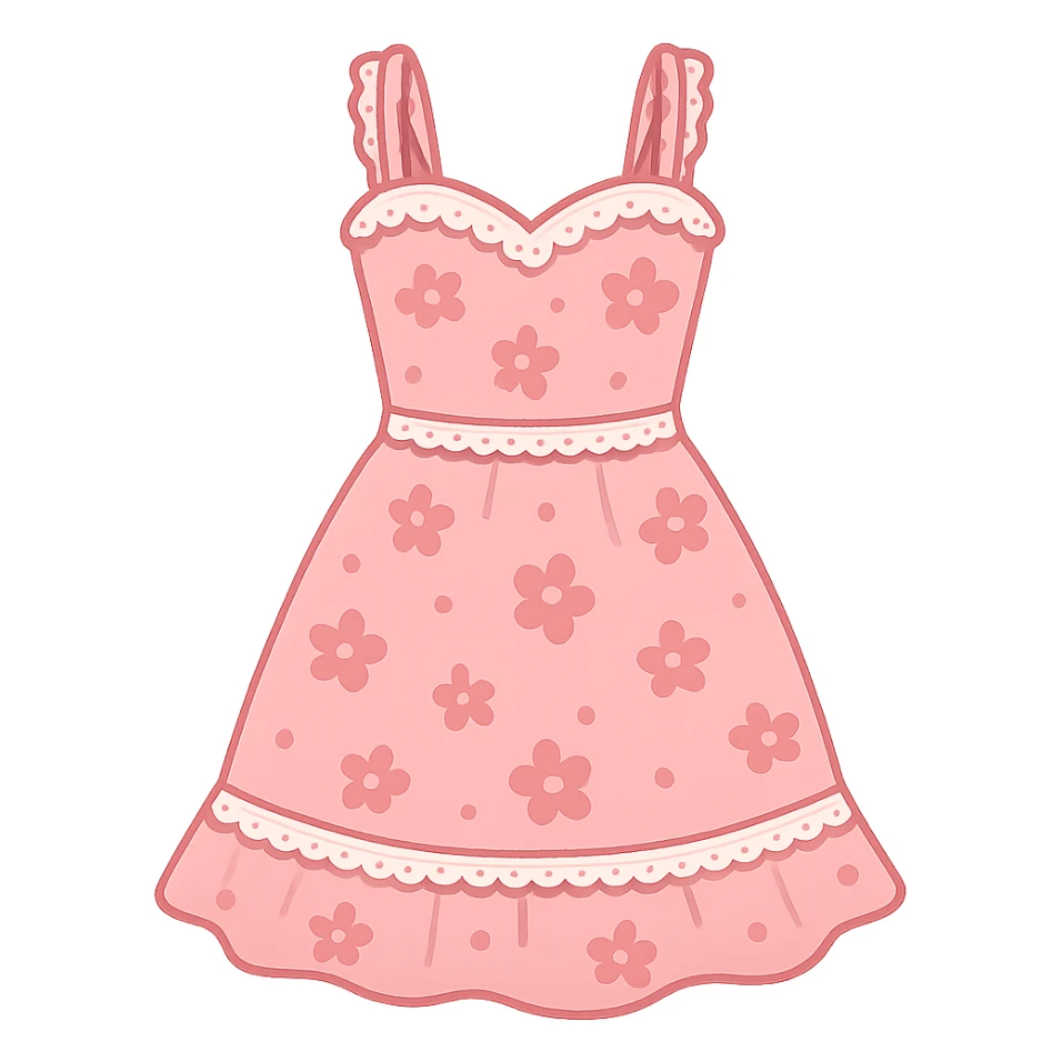 frilly lacey floral pink summer sundress, flat vector sticker