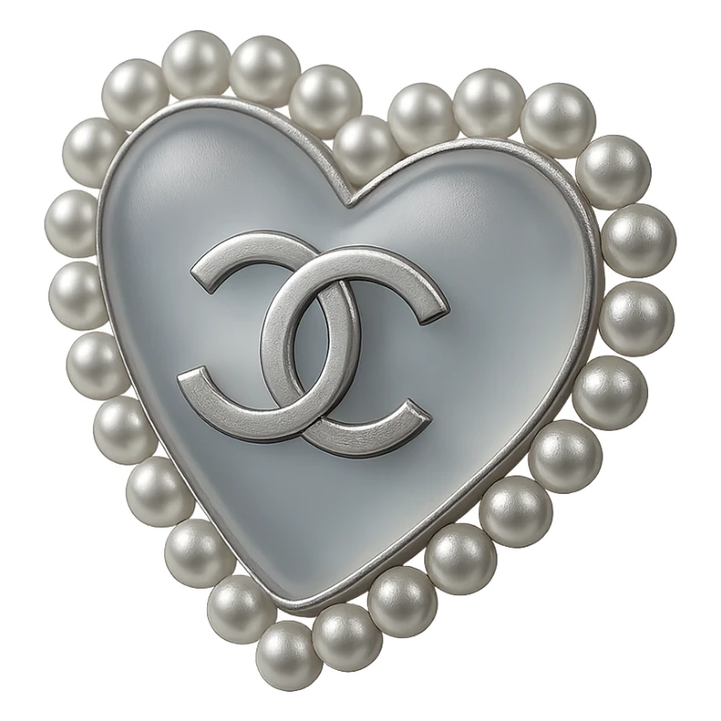 Keep the classic Chanel heart, metallic silver finish, pearl border, interlocking C's, sophisticated and iconic, with no background. sticker
