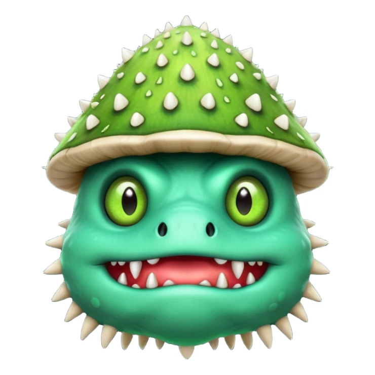 poisonous mushroom monster portrait, head and shoulders only, animal-like creature, mushroom cap head with spikes, toxic green glow, beast-like eyes, furry neck details, monstrous but cute fantasy vibe, 3D cartoon, mobile game icon style, clean background, no text, no watermark

 sticker