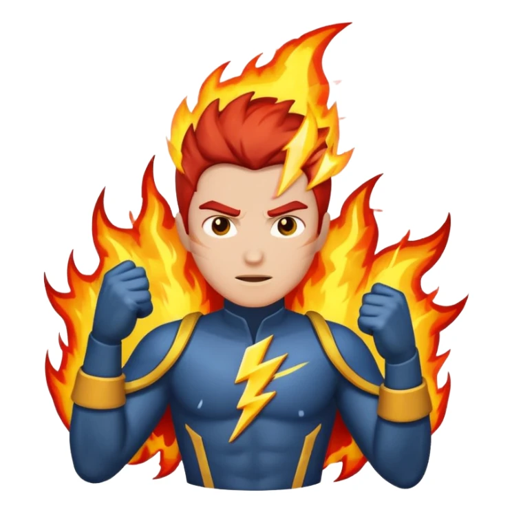 A hero standing tall, with lightning bolts and fire surrounding them sticker