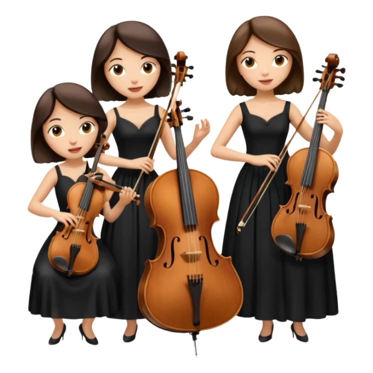 Create an imagine of three brunette women playing string instruments in black dresses, the first is playing a cello, the second is playing a viola and the third is playing the violin sticker