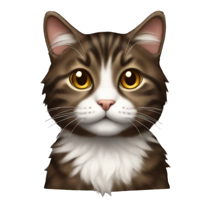 Fluffy dark brown tabby cat with a white nose sticker