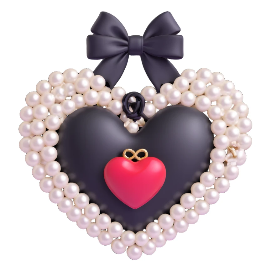 Add a black bow to the heart with pearls and black Chanel logo, keep it elegant, glossy, black and white, 3D emoji style. sticker