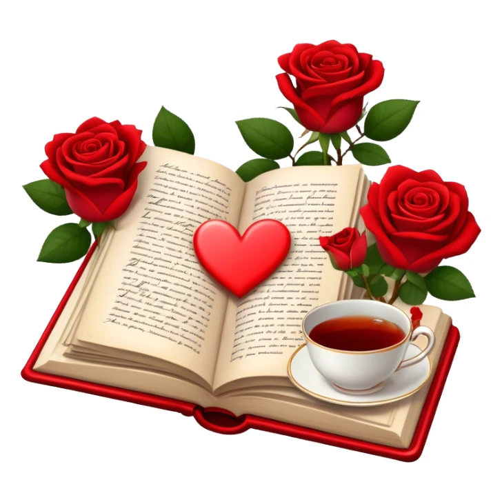 Icon for Romance Reading: an open book with a heart-shaped bookmark, surrounded by roses, a love letter, and a cup of tea. The icon should evoke the warmth, passion, and emotional depth of a love story. Transparent background sticker