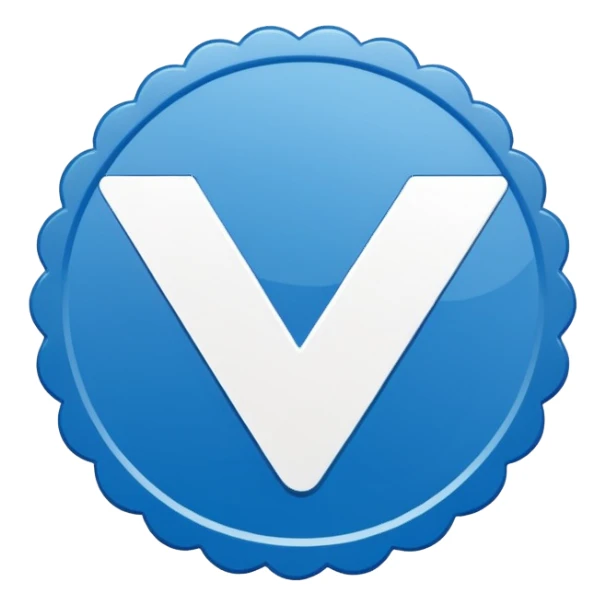 Flat blue verification badge emoji, scalloped circular shape, bold white checkmark in center, clean vector style, no text, no gradient, transparent background, emoji icon. sticker