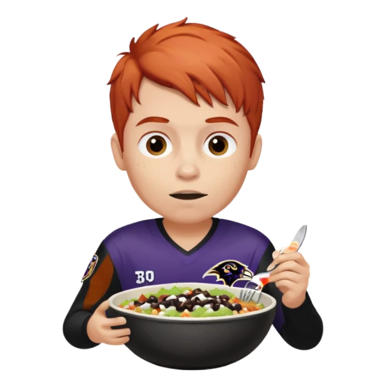 a red-haired boy wearing a ravens jersey and eating a chipotle burrito bowl sticker