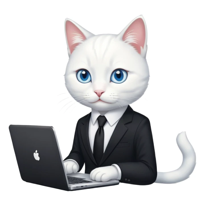 white cat with blue eyes in a black suit with black tie and laptop sticker