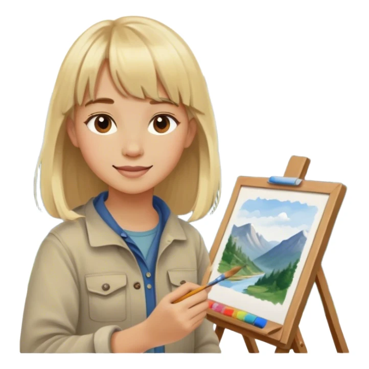 happy young painter with blond hair and bangs draws copy from life in the mountains sticker