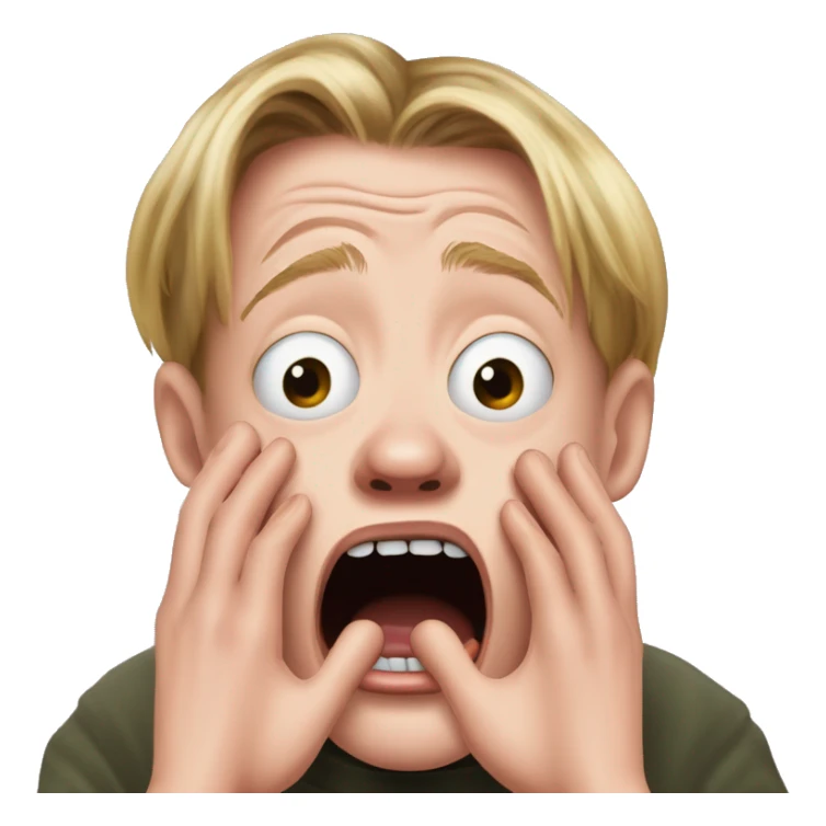 macaulay culkin from Home Alone, putting both hands on his face and screaming of fear. bring the hands down lik he is putting on his cheeks. sticker