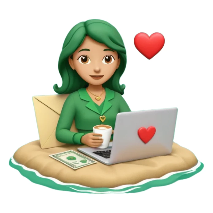 3D clay character relaxed with laptop and coffee, floating icons (envelope, heart, dollar), deep green (#0B3D2C) outfit, gold icons, cream laptop, Pixar style, transparent background sticker
