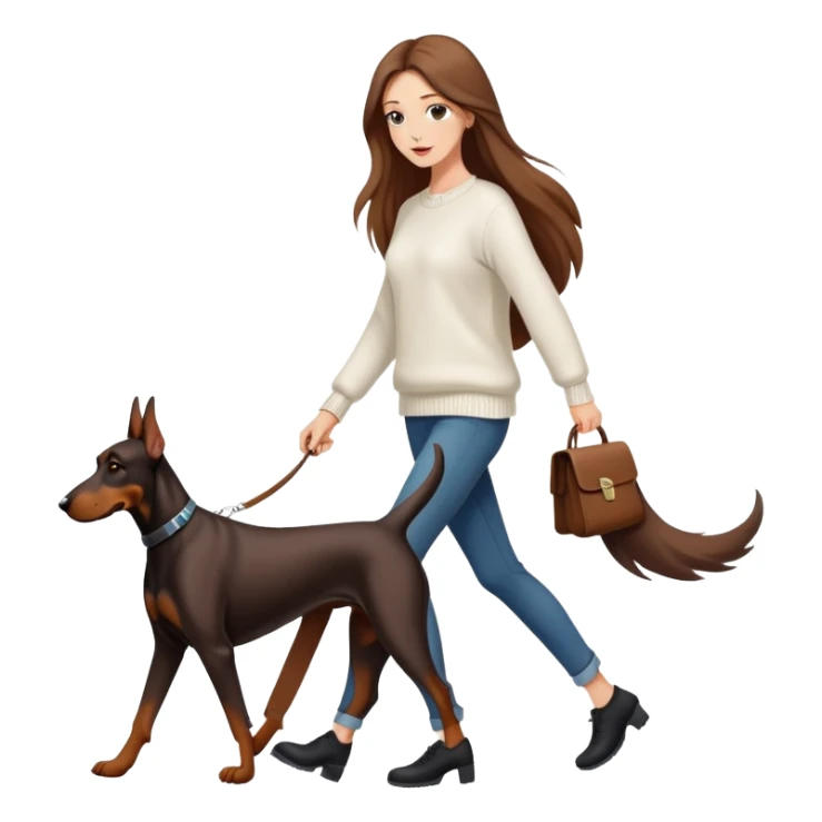 A beautiful long-haired white woman wearing a white sweater walking a Doberman sticker