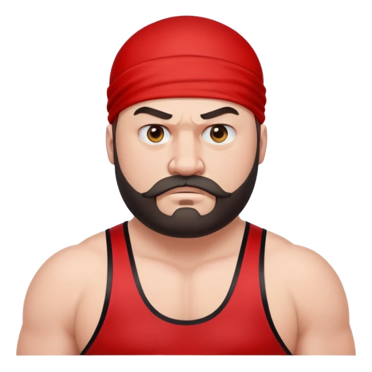 Close-up of extremely fat white skin guy with young face, beard and mustache, no muscle with prominent black durag, black eyes in a red and black wrestling singlet with angry face sticker