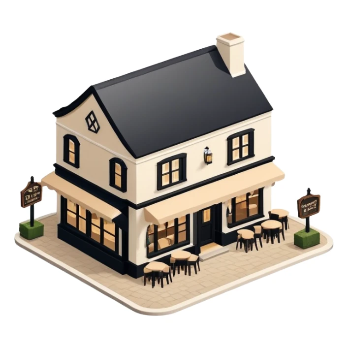 Isometric exterior little black, beige, and white mountain pub restaurant, dollhouse style 3D realistic  sticker
