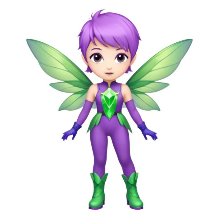 Fairy with violet pixie cut hair, green electric wings, light purple jumpsuit and purple boots with light purple gloves and a green gem on her chest sticker
