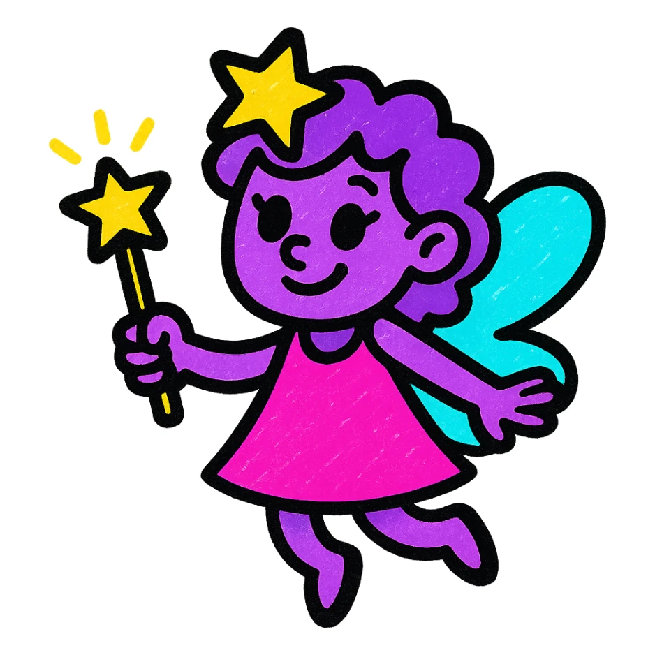 purple fairy with sparkly magic wand, cartoon logo style, clean lines, modern, elegant, sophisticated, suitable for adults sticker