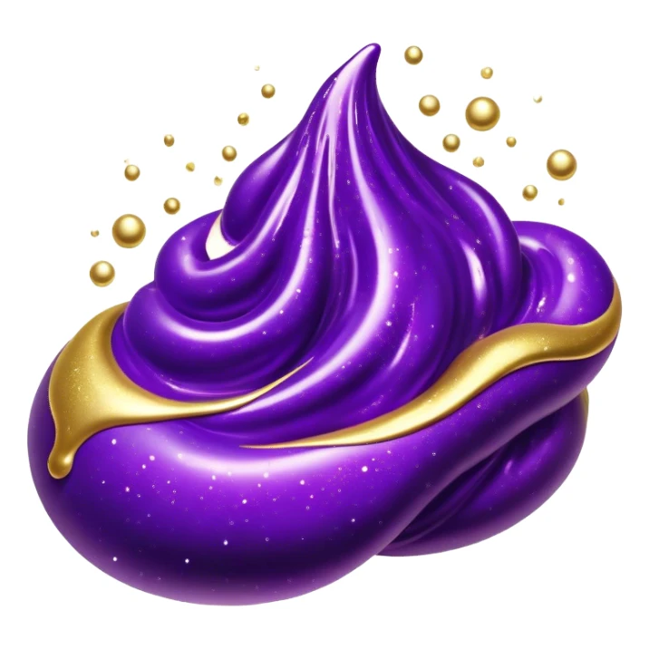 Cinematic Realistic Shiny Slime Mixed with Glitter, thick and glossy with swirling metallic flecks suspended inside, a dynamic mix of deep purple and golden sparkles, light catching every shimmer, flowing smoothly with realistic folds and ripples, glowing with an enchanting, almost liquid-metal effect. sticker